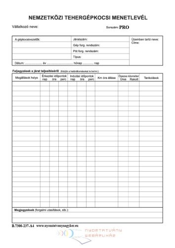 Nemzetközi Tehergépjármű menetlevél 2 oldalas A4 B.7300-237
