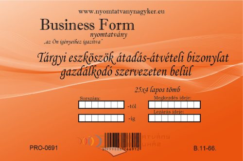 Tárgyi eszközök átadás-átvételi bizonylata Gazdálkodó belül fekvő A5 25x4 B.11-66. nyomtatvány