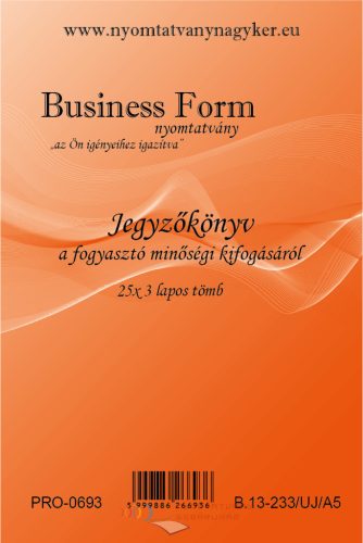 Jegyzőkönyv a fogyasztó kifogásáról A5 25x3 lapos B.13-233/A5