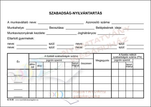 Szabadság nyílvántartó karton A5 B.18-50