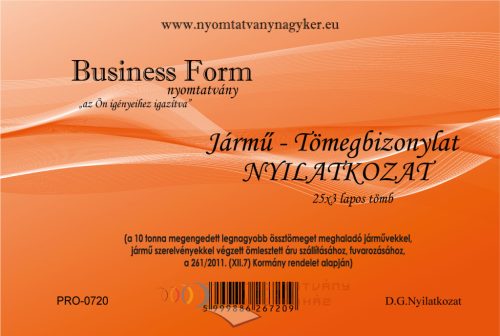 Jármű tömegbizonylat-Nyilatkozat fekvő A5 25x3 lapos